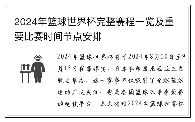 2024年篮球世界杯完整赛程一览及重要比赛时间节点安排