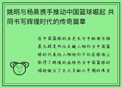 姚明与杨晨携手推动中国篮球崛起 共同书写辉煌时代的传奇篇章
