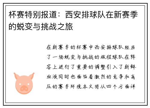 杯赛特别报道：西安排球队在新赛季的蜕变与挑战之旅